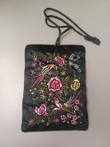 Asian Brocade Black Travel Jewelry Roll Wrap Organizer Pouch Pre Owned
