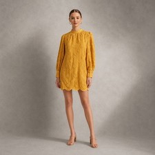 Storia Yellow Mini Shift Dress Floral Embroidered Boho Size Small