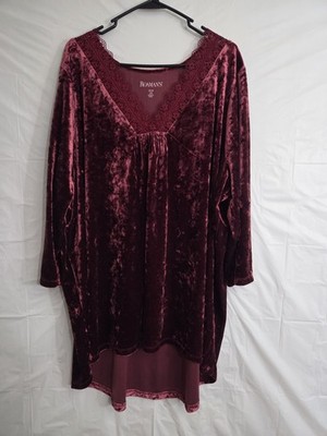 Roaman's Crushed Velvet Top Womens Size 2X 26/28 Royal Red Laced V-Neck Soft 