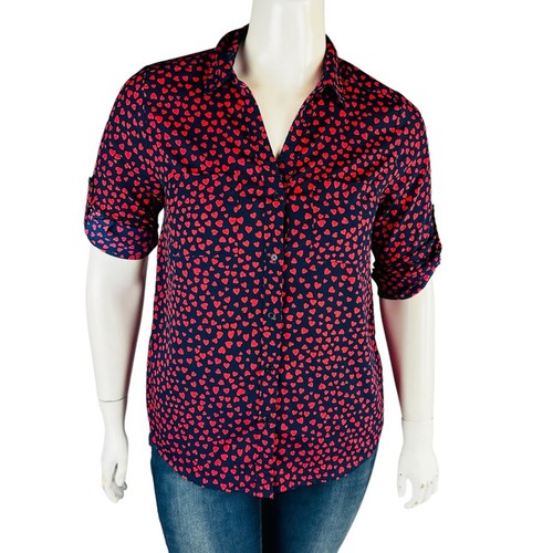 Dalia Womans Sz Large Blouse Roll Tab Sleeve Hearts Blue Red Button Front - Picture 1 of 9