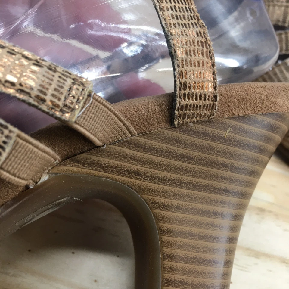 Salto Aerossol Feminino 9.5 Energinic Slingback Tecido Dourado Peep Toe Salto Cone - Imagem 4 de 4