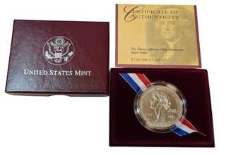USA AMERICA 1 DOLLAR 1993 P 250. GEB. THOMAS JEFFERSON 26 7 g 900er SILBER UNC.