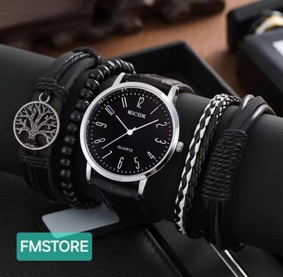 KLASSISCHES STAHL UND ÖKO LEDER QUARZUHR SET + 4 VINTAGE ARMBÄNDER H