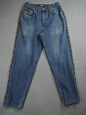 VINTAGE Tommy Hilfiger Jeans Mens 33x32 Blue Tapered Baggy Spell Out Seams Flag