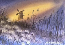 Original Artwork Painting Landscape FOGGY MORNING SKY WINDMILL Flower Art GiftA5
