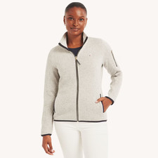  79.50 NWT NAUTICA XL Jacket Heather Gray Fleece Zip Front Piping Knit Womens