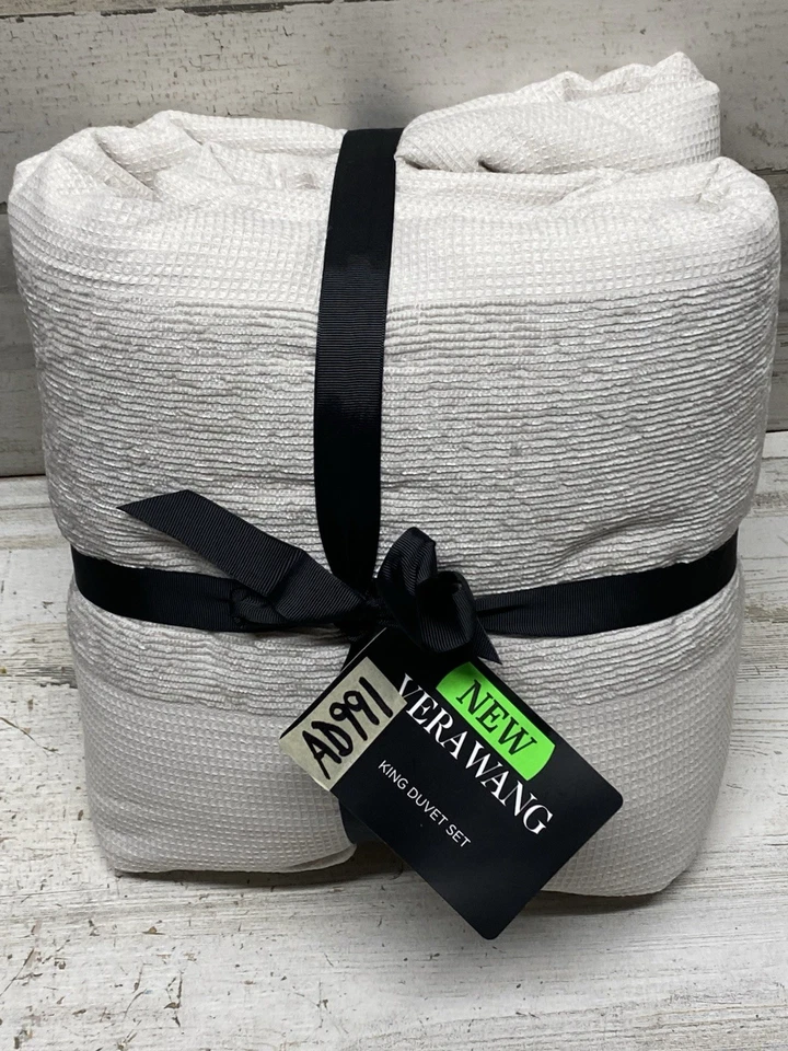 Juego de 3 fundas nórdicas y fundas Vera Wang chenilla a rayas gofre tamaño king nuevo Foto 3 de 4