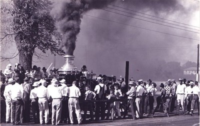 ANTIQUE FIRE ENGINE   real photo postcard rppc   crowd smoke
