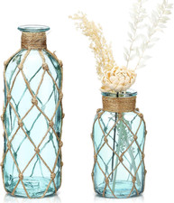 Set of 2 Coastal Glass Flower Vase with Boho Rope, Light Blue