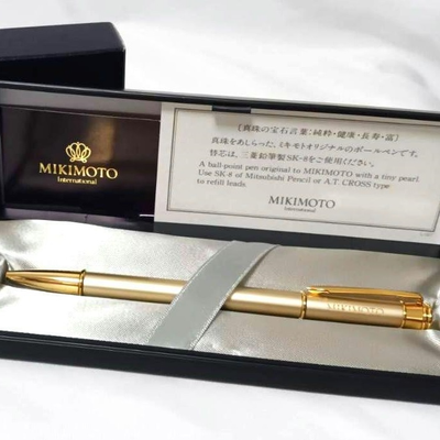 MIKIMOTO デスクペン シルバー・ゴールド MIKIMOTO Single Pearl Ballpoint Pen with Box & Case [VG] Limited