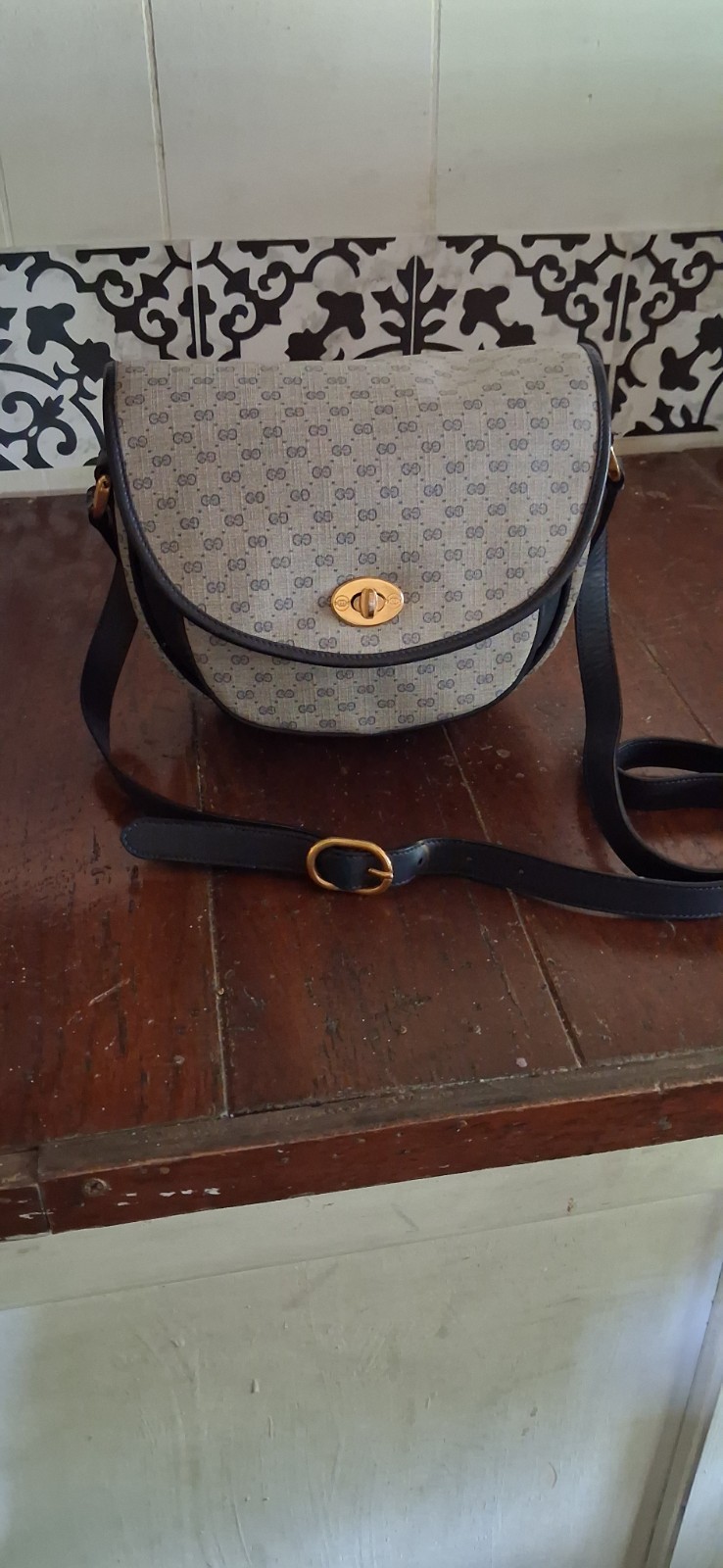 Gucci GG Monogram Small Crossbody Saddle Bag Beige/Blue Gold Hardware Turn Lock