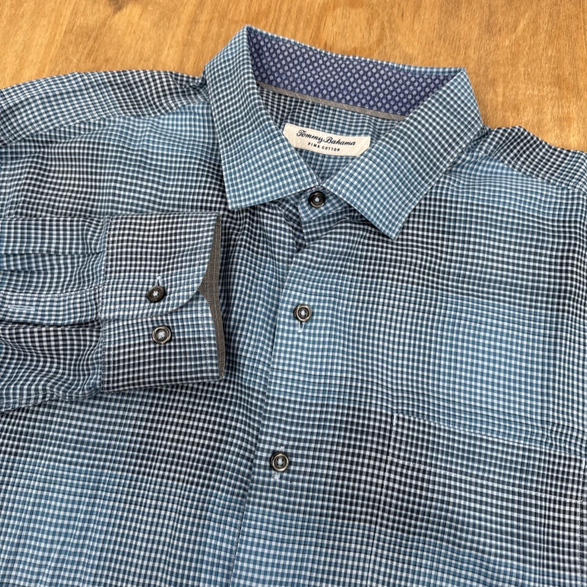 Tommy Bahama Pima Cotton Long Sleeve Button Down Men's L Blue Checkered Casual