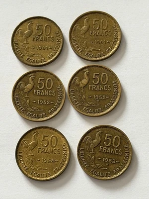 Lot de 6 pièces de 50 FRANCS GUIRAUD en CUPRO ALUMINIUM 1951-51B-52-52B-53-53B - Photo 1/2