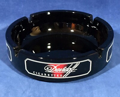 New DAVIDOFF CIGARETTES ASHTRAY Black Glazed Ceramic 5.75'' ROUND France NOS