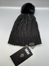 DKNY Women's Pom Pom Beanie Knit Hat Black White NEW NWT