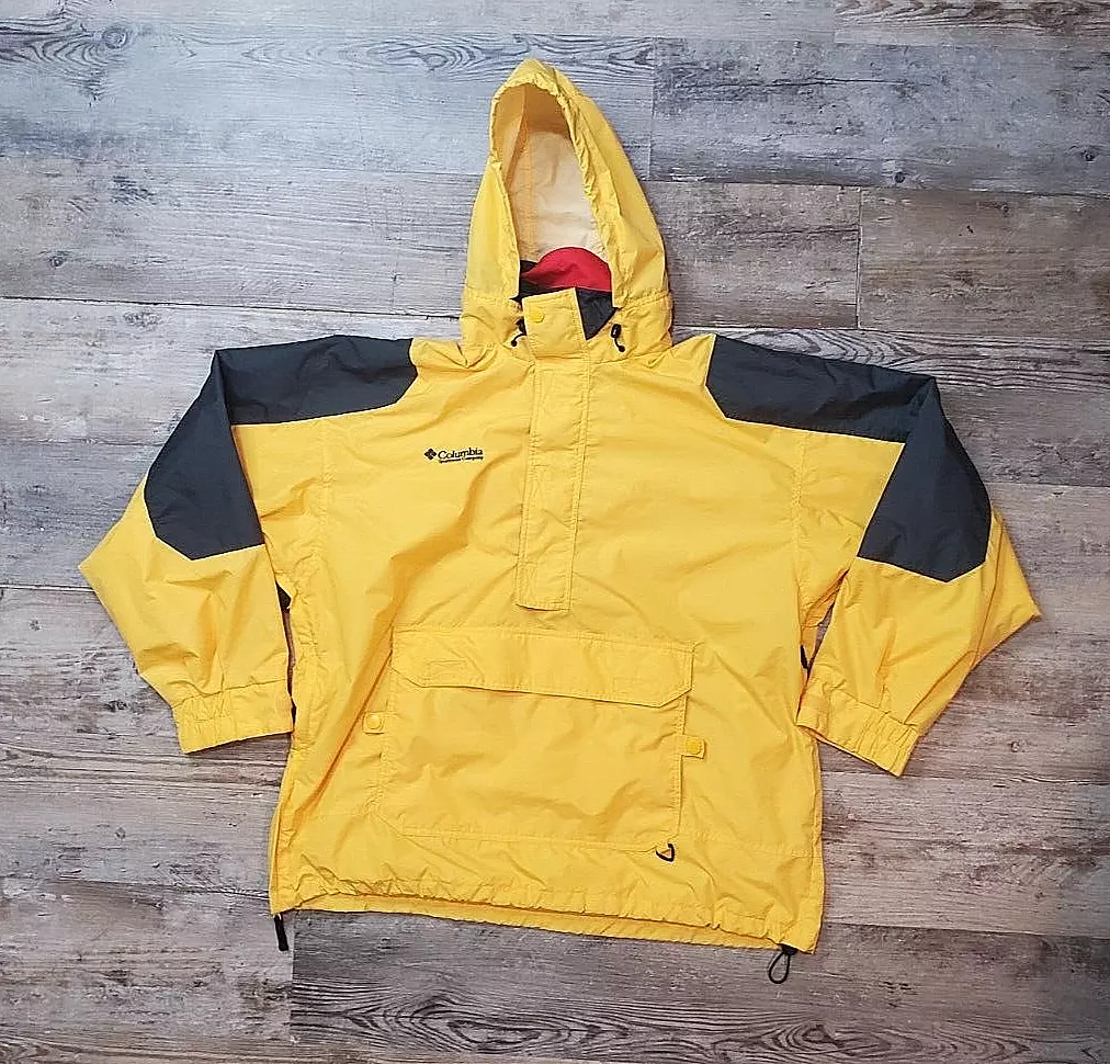 Vtg Columbia Anorak Hood Jacket Kangaroo Pocket Neon Pullover Ski Mens L Yellow