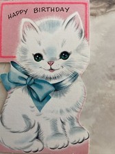 50s Fluffy White Kitten Teal Pink PURR-FECT Vtg Happy Birthday Card USED Die Cut