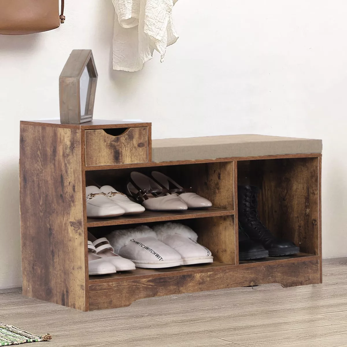 Entryway Shoe Bench 3 Tier Shoe Rack Shoe Storage Cabinet with Drawer Cushion