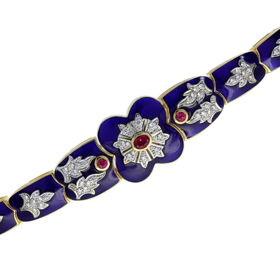 Art Deco Style Lab Created Diamond Ruby Blue Enamel Bracelet 14K Yellow Gold FN - Image 4 of 4