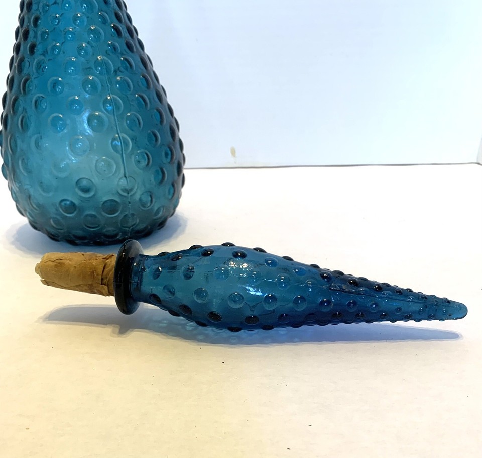Empoli Italian Vintage MCM Teal Peacock Hobnail Glass Decanter Genie