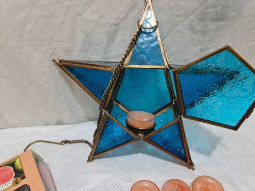 Vintage Style blue Star Hanging Tea Light+ yankee Candles Lantern Holder 10" - Picture 11 of 23