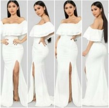 White Off The Shoulder Ruffle Fashion Nova Dress W/split