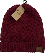 CC Basketweave Knit Warm Soft Stretch Skully Beanie Hat Burgundy Red NEW