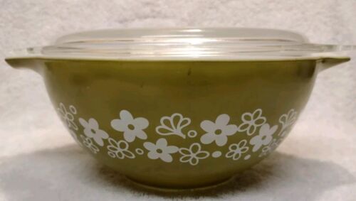 Vintage Green Pyrex Spring Blossom Cinderella Mixing Bowl 442 1 1/2 Qt W/ Lid.