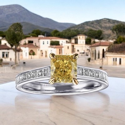 Engagement Ring Fancy Vivid Yellow Diamond 1.41 Carat IGI Lab Grown 950 Platinum