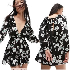 TopShop Elasticated Channel Long Sleeve Romper Black Floral Size 4 NWOT 75 MSRP