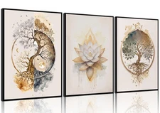 3 Pcs Tree of Life Wall Art Modern Gold Lotus Zen Canvas Wall Decor Abstract ...