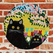 Whimsical Three Black Cats Yellow Eyes Floral Round Aluminum Wall Art