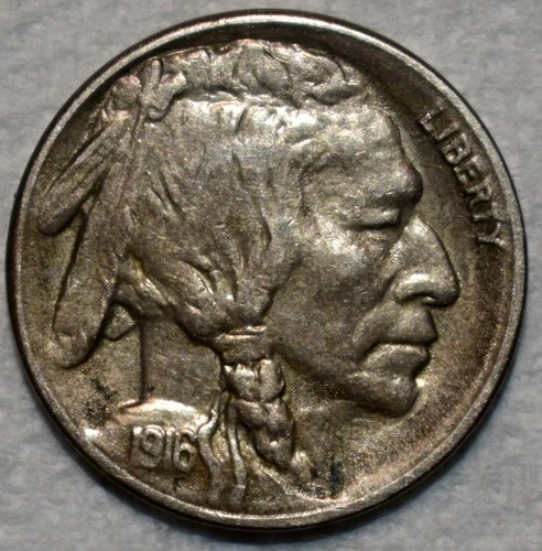 About Uncirculated 1916-S Buffalo Nickel, Richly Hued & Lightly Lustrous.