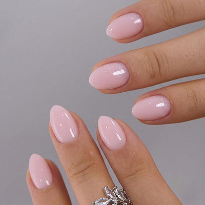 Extra Short Almond Press on Nails, Blush Veil Nude Pink, Soft Gel