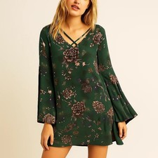 Free People Heartbeat Bell Sleeve Emerald Green Floral Dress XS Fairy Boho Flowy