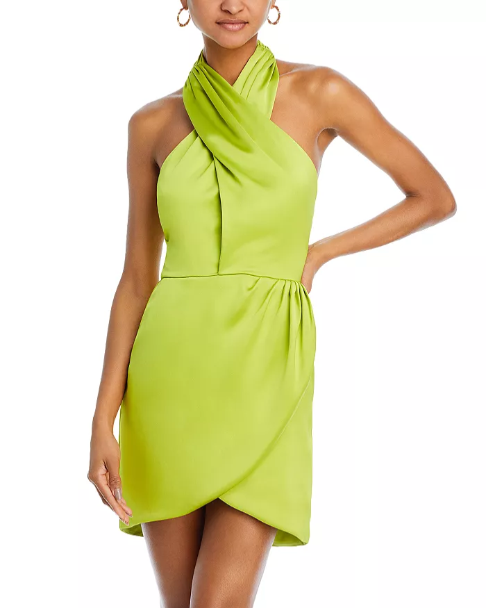 "NWT $545 RAMY BROOK \"Jona\" halter-neck wrap pleated mini dress - Lime  Green - 6"