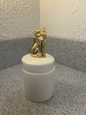 White Ceramic Trinket Jar Gold Cat Lid Vanity Jewelry Box 5 