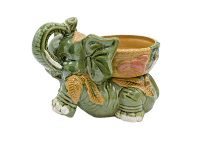 Vintage Majolica Style Happy Elephant Trunk Up Good Luck Ceramic Pottery Planter