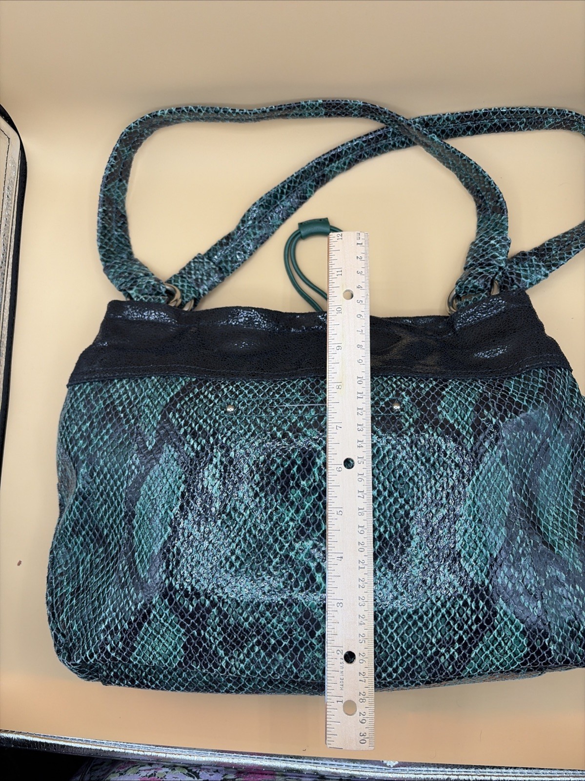 B Makowsky Green Python Print Leather Double Hand… - image 6