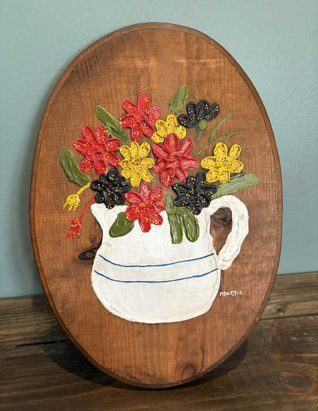 Oval Wood Plaque Hand Painted Floral Pitcher of Flowers Country Wall Decor