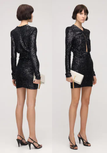 Mini abito SAINT LAURENT Paris paillettes annodato foro della serratura anteriore taglia USA M FR L $1890
