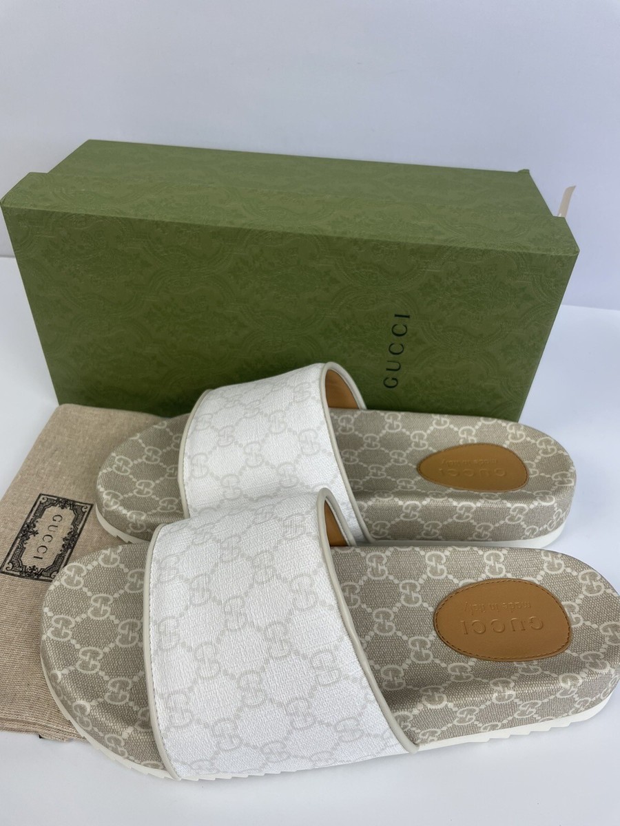 Gucci 699939 GG Supreme White/Mystic White Slides Sandals Mens 10