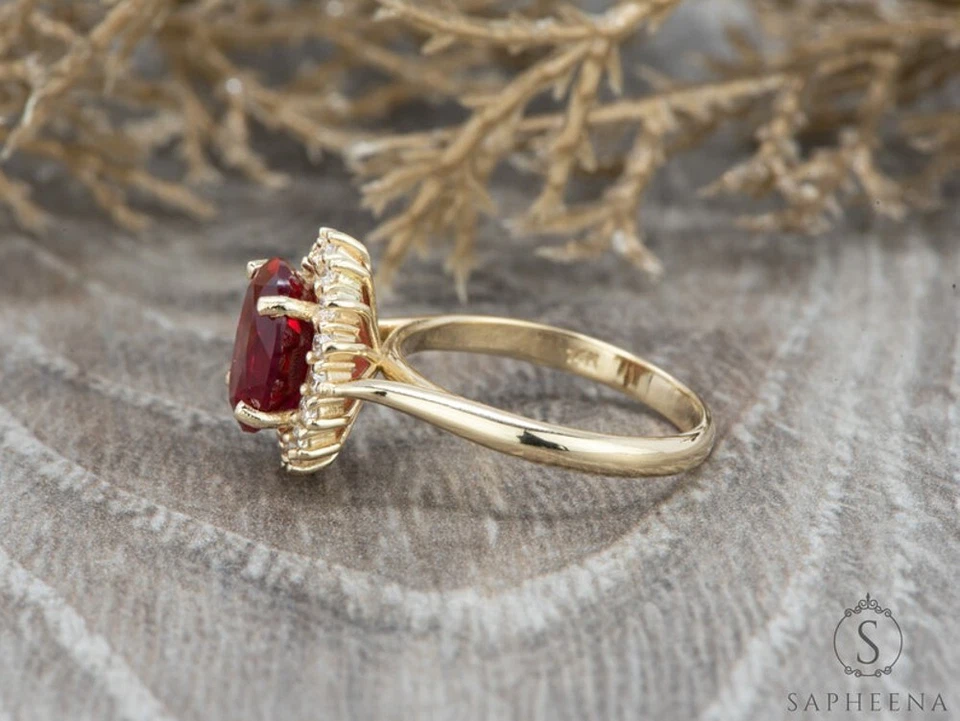 Ruby Engagement Ring Lab Grown Diamond 14K Yellow Gold Oval 3.90 Carat 5 6 7.5 8 - Image 4 of 4