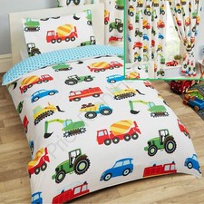TRUCKS AND TRANSPORT CARS JUNIOR DUVET COVER SET  MATCHING CURTAINS 54" DROP