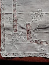 antique embroidered linen and tulle lace handkerchief, numbered R M
