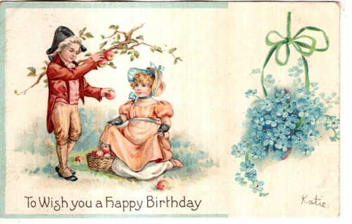 ANTIQUE BIRTHDAY Postcard     YOUNG MAN PICKING FRUIT FROM TREE FOR YOUNG LADY