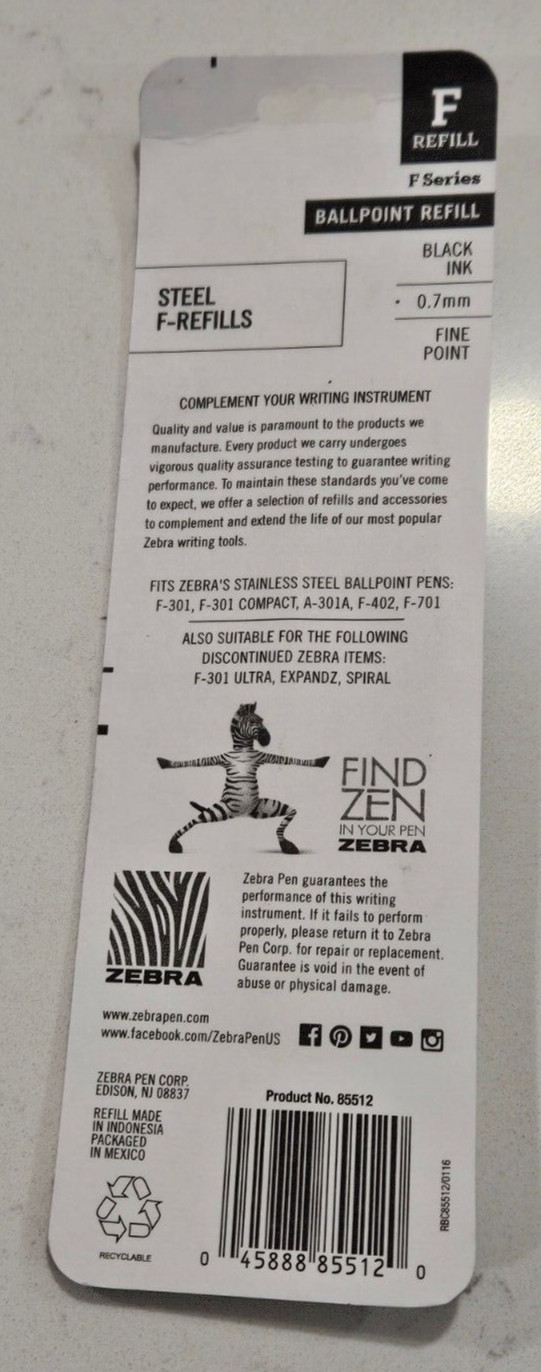 Pack of 2 refills F-Refill for Zebra F-301 F301 F-402 F-701 Pen Black Ink 85512