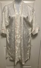 VTG Victorias Secret Midi Kimono Satin Robe Ivory Jacquard Floral Gold Label O/S