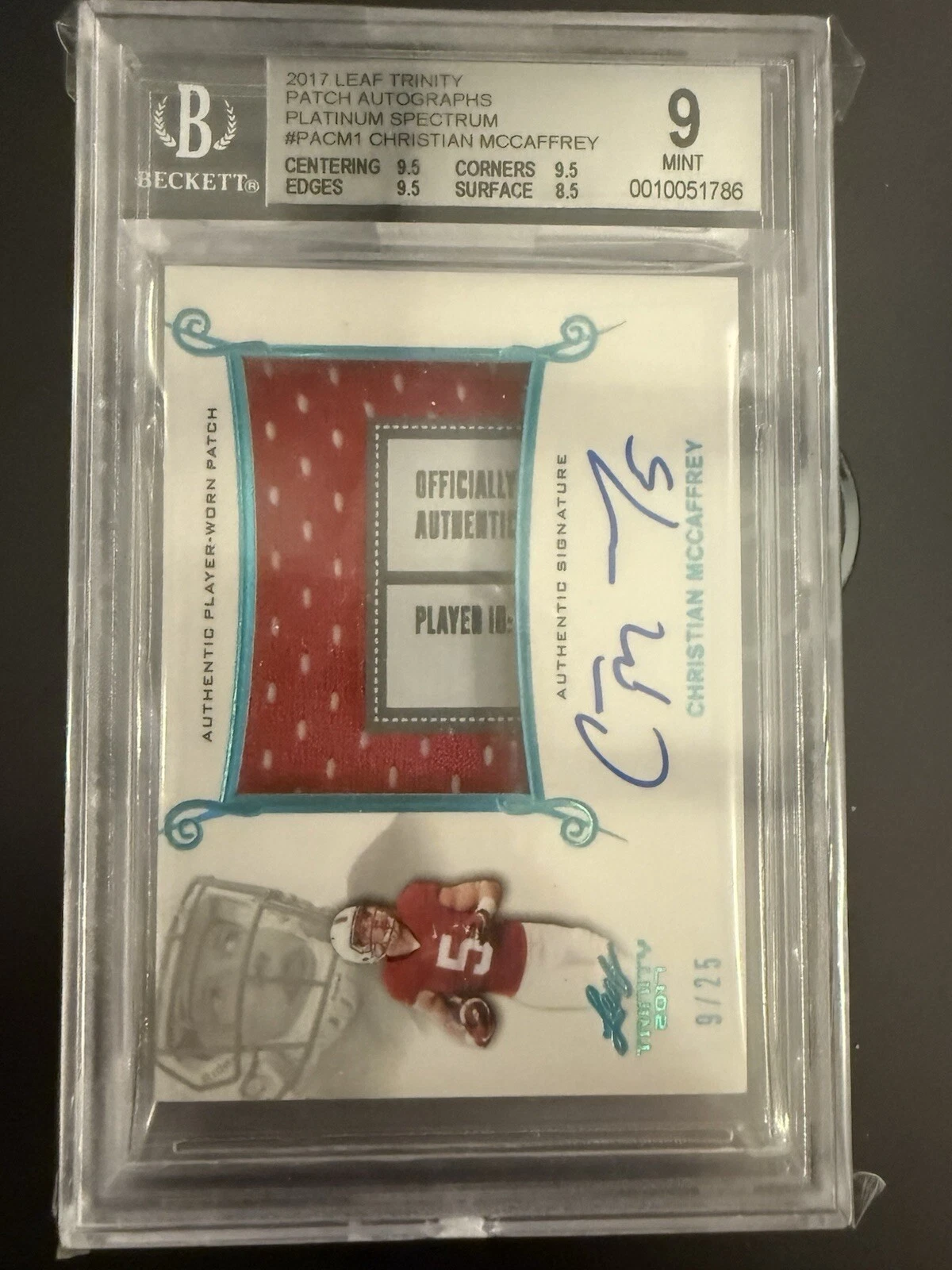 Christian McCaffrey Leaf Trinity Signature Patch Spectrum #PACM1 Platinum