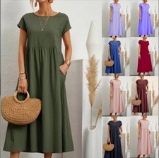 Casual women's summer cotton linen formal shirt pocket flute dress loose fit-